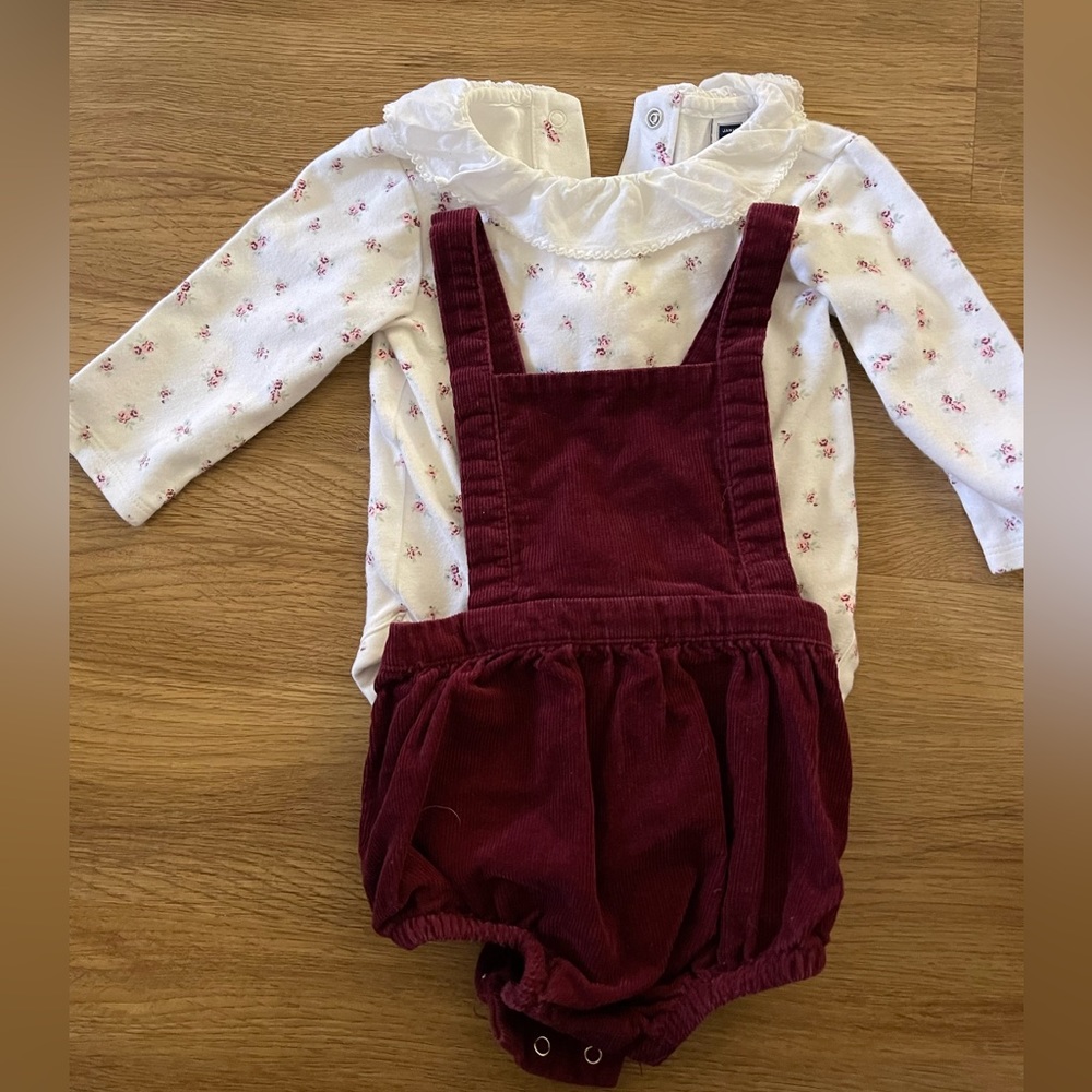 Janie and Jack floral rose onesie with corduroy romper outfit set